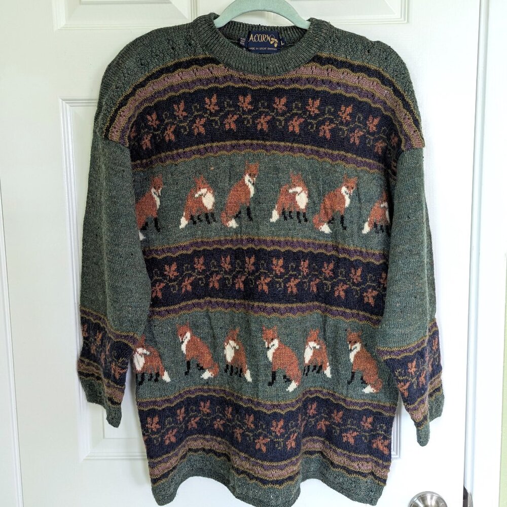 Vintage Acorn Wool Fox Pattern Sweater size L